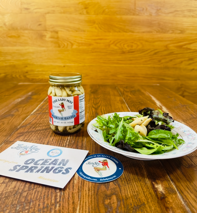 The Lady May Italian Pickled Garlic - Small Batch Basil Oregano Parsley Garlic