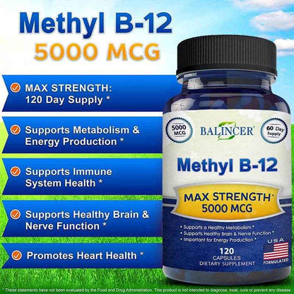 Vitamin B12 - 5000 MCG Supplement -Benefits Brain &amp; Heart Function, Supports Memory, Learning, Helps Boost Natural Energy