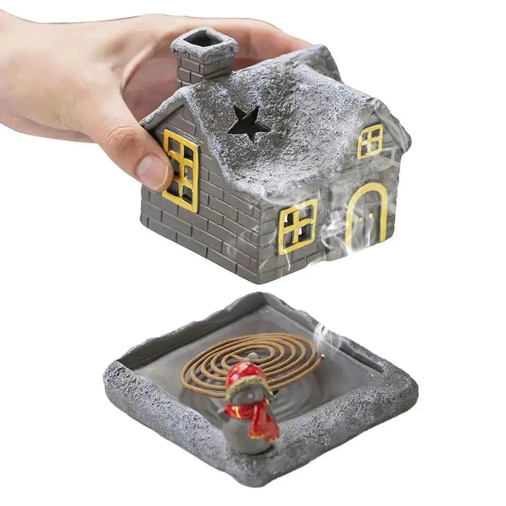 Christmas House Incense Burner - Ceramic Aroma Cone Burner with Chimney Design and Ash Catcher for Table Décor