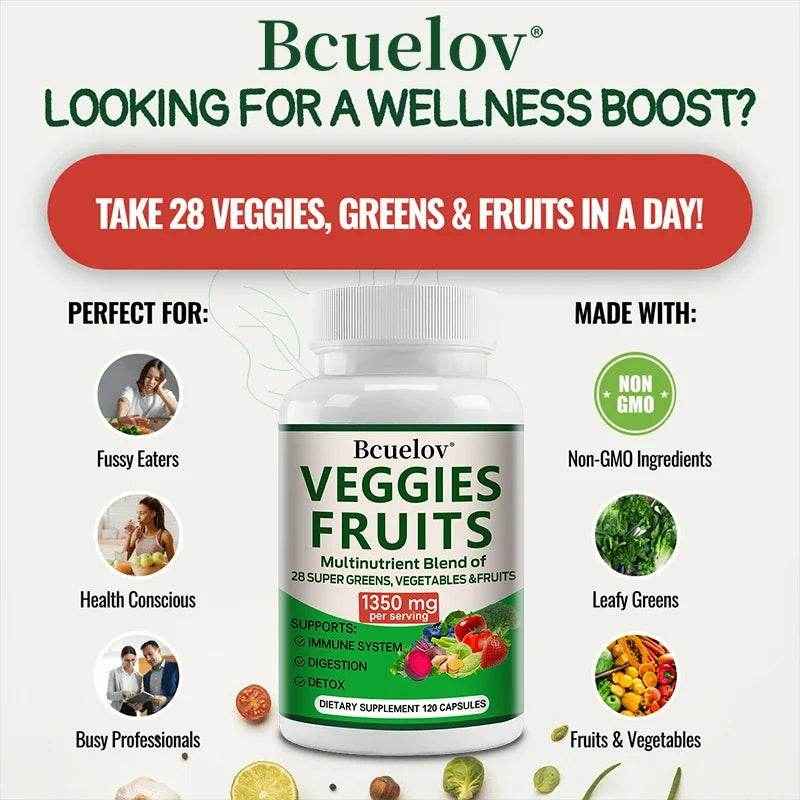 Bcuelov Vegetable and Fruit Supplement -1350 Mg - Supports Immune, Digestion, Detoxification - 120 Capsules
