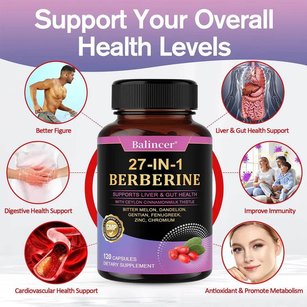 27-IN-1 Berberine 120 Capsules - Contains Ceylon Cinnamon,Milk Thistle - Supports Heart Health, Immune System, Liver &amp; Gut Health by Roksy