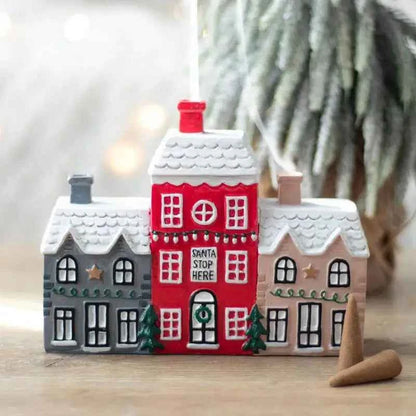 Christmas House Incense Burner - Resin Village Log Cabin Chimney Holder for Festive Home Decoration