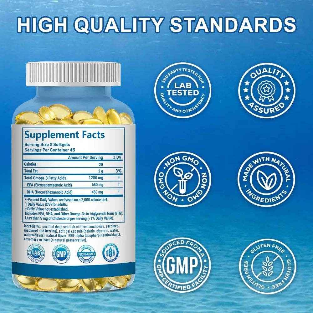 OMEGA 3 Fish Oil Supplement - Rich in EPA &amp; DHA, Supports Brain Health, Heart - Immune System, Eyes, Skin, 90 Capsules