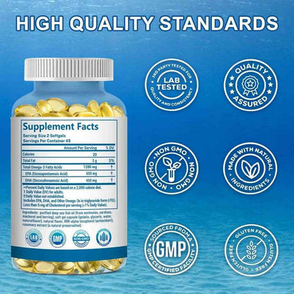 OMEGA 3 Fish Oil Supplement - Rich in EPA &amp; DHA, Supports Brain Health, Heart - Immune System, Eyes, Skin, 90 Capsules