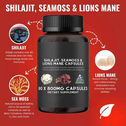 Shilajit, SeaMoss&amp;Lions Mane Capsules - Comprehensive All-in-One Wellness Supplement for Mind, Body, and Vitality - 60 Capsules