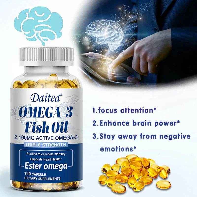 Omega-3 Fish Oil Supplement, Support Brain, Heart Health, Focus, Protect Cardiovascular System, Promote Cellular Energy Health