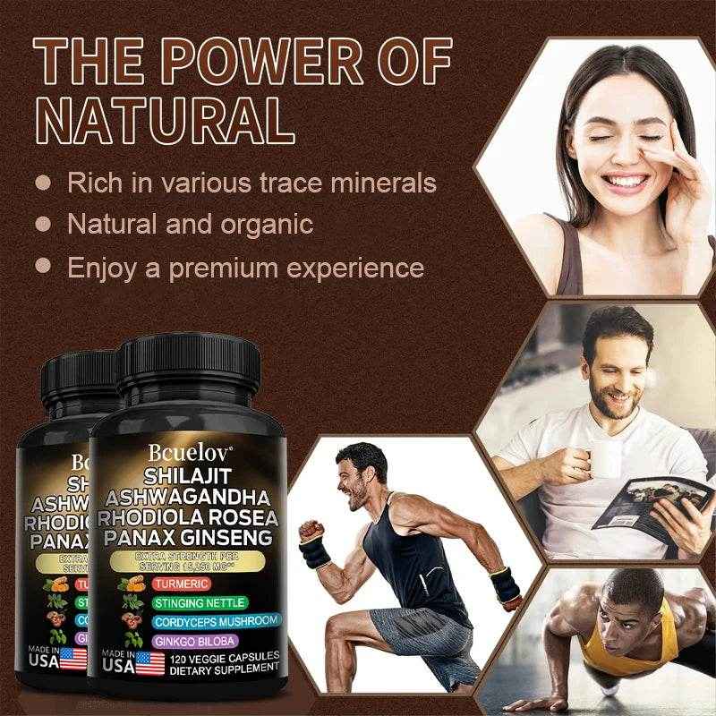Shilajit Pure Himalayan with Ashwagandha, Rhodiola, Ginseng, Men &amp; Women Supplement - Brain, Energy, Joints, Immunity