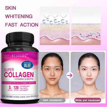 Collagen + Vitamin C plus Biotin, Anti-Aging Support, Antioxidant, Brightener, Skin, Hair &amp; Nails Supplement, 120 Capsules