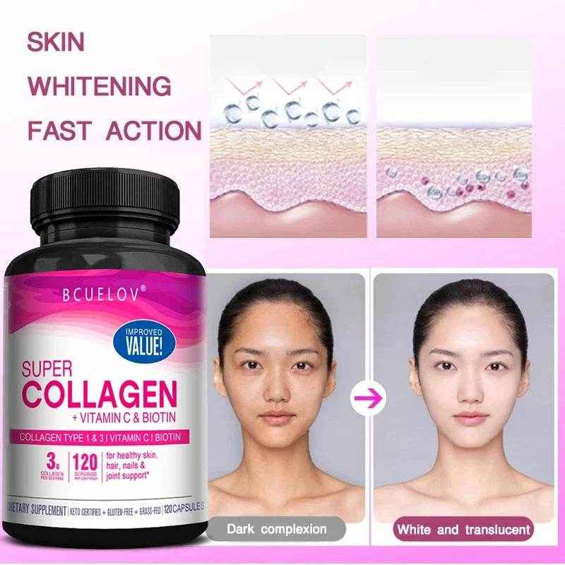 Collagen + Vitamin C plus Biotin, Anti-Aging Support, Antioxidant, Brightener, Skin, Hair &amp; Nails Supplement, 120 Capsules