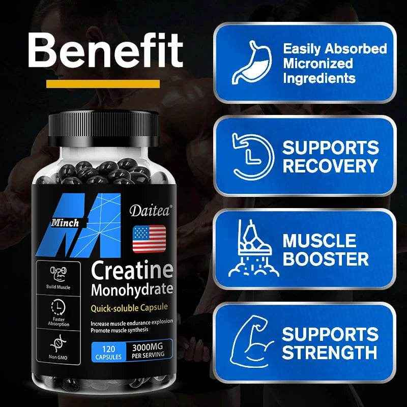Creatine Monohydrate 3000 Mg, Easy To Absorb, Supports Strength, Muscle, Helps Replenish Muscle ATP Levels, 120 Capsules
