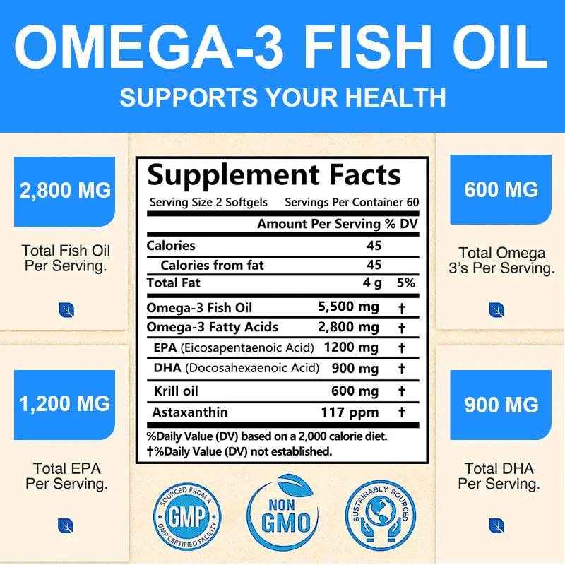 Wild Caught Super Strength Omega 3 Fish Oil 120 Softgels 5500mg High EPA 1200mg DHA 900mg Non-GMO Gluten Free Dietary Supplement