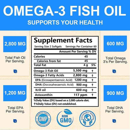 Wild Caught Super Strength Omega 3 Fish Oil 120 Softgels 5500mg High EPA 1200mg DHA 900mg Non-GMO Gluten Free Dietary Supplement