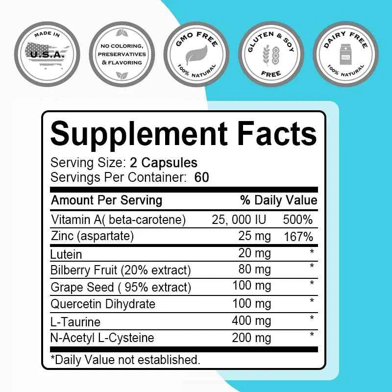 Eye Care Supplement - Contains Lutein, Zinc, Vitamin A antioxidants to help protect eyes and relieve symptoms of fatigue