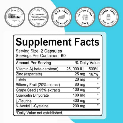 Eye Care Supplement - Contains Lutein, Zinc, Vitamin A antioxidants to help protect eyes and relieve symptoms of fatigue