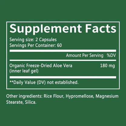 Aloe Bioactive Organic Leaf Supplement - Organic Freeze Dried Aloe 180 mg, Detox Cleanse, Gut Health, 120 Capsules