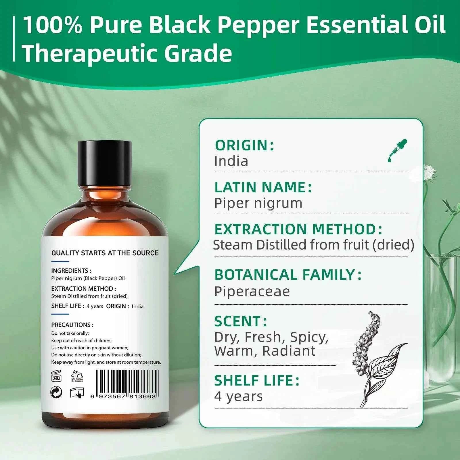 100ML Black Pepper Essential Oils, HIQILI 100% Pure Spice OIil Used for Diffuser, Humidifer, Relieving Stress, Making candles