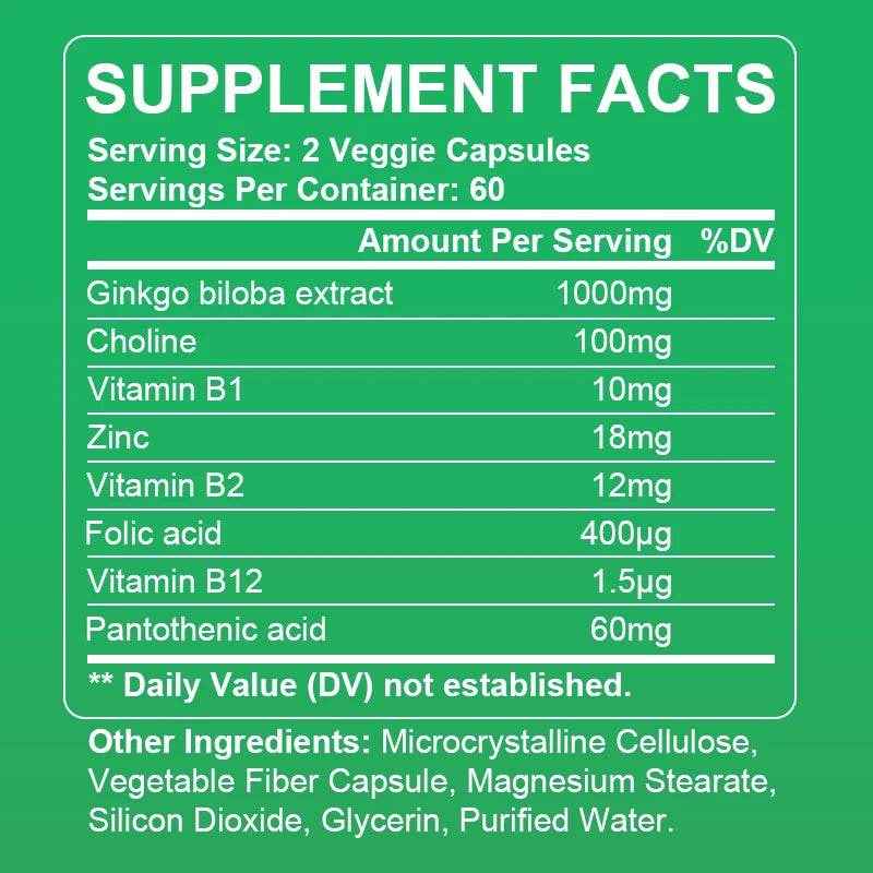 Premium Ginkgo Extract Supplement with B Vitamins for Brain Function, Memory, Circulation, Antioxidant, Health