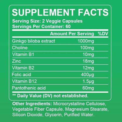 Premium Ginkgo Extract Supplement with B Vitamins for Brain Function, Memory, Circulation, Antioxidant, Health