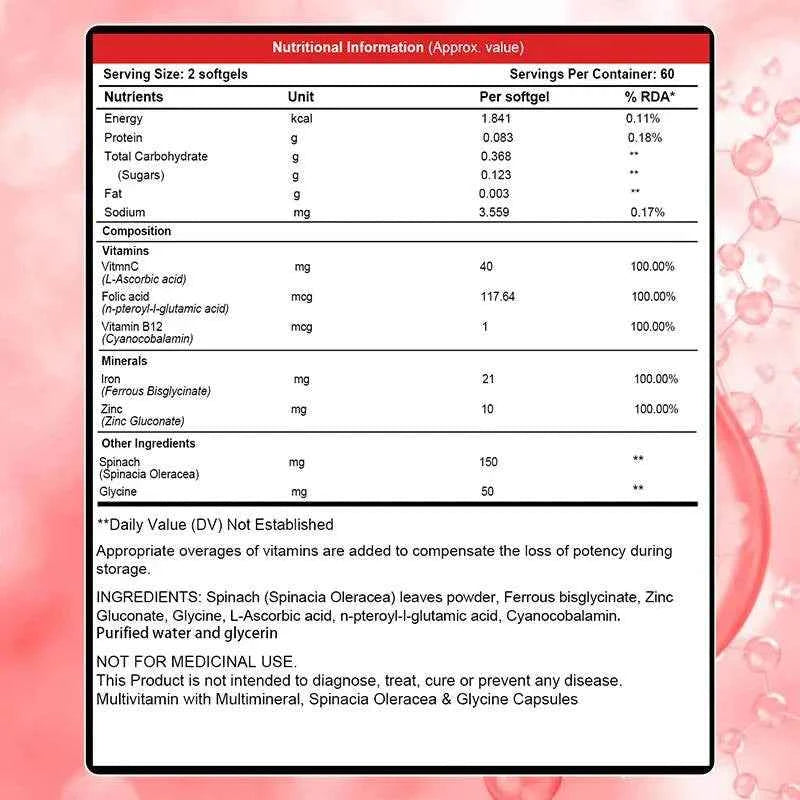 With Iron + Folic Acid, Vitamin C, B12, Blood Booster, Supports Energy, Hemoglobin &amp; Immunity, 120 Capsules