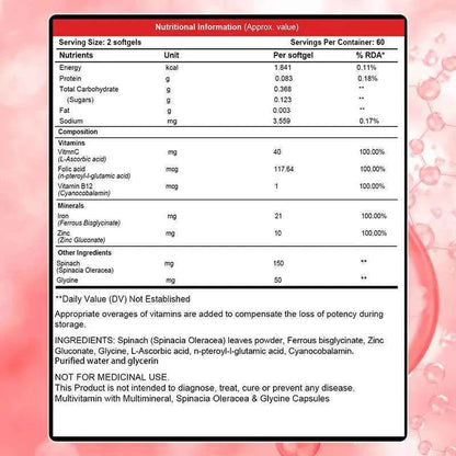 With Iron + Folic Acid, Vitamin C, B12, Blood Booster, Supports Energy, Hemoglobin &amp; Immunity, 120 Capsules