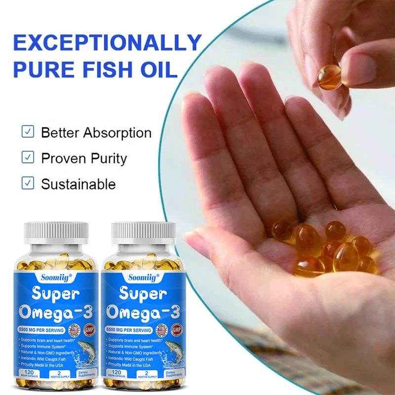 Wild Caught Super Strength Omega 3 Fish Oil 120 Softgels 5500mg High EPA 1200mg DHA 900mg Non-GMO Gluten Free Dietary Supplement