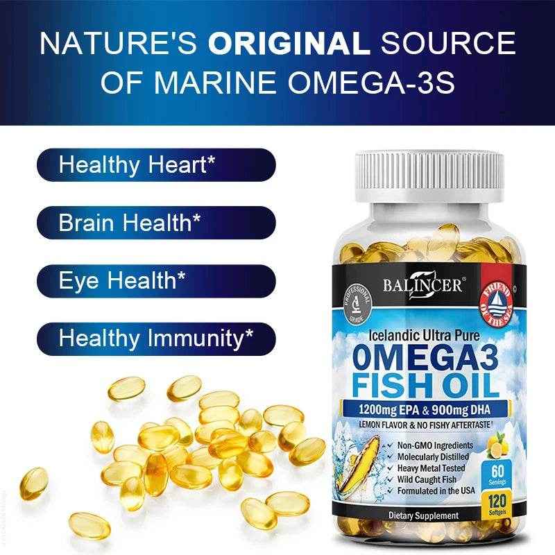 Fish Oil Omega 3 Contains EPA 1200mg &amp; DHA 900mg - for Joints, Eyes, Cognitive Supplement, Non-GMO, Gluten Free
