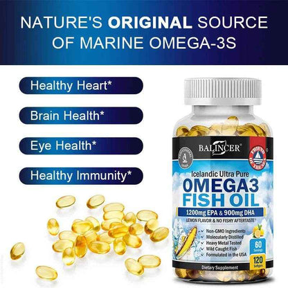 Fish Oil Omega 3 Contains EPA 1200mg &amp; DHA 900mg - for Joints, Eyes, Cognitive Supplement, Non-GMO, Gluten Free