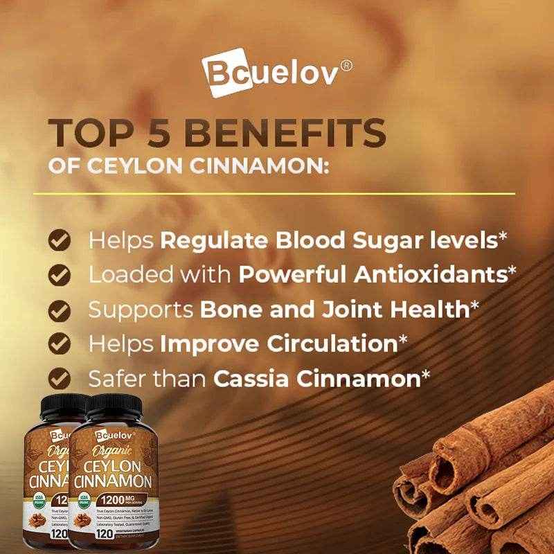 Organic Ceylon Cinnamon Supplement 1200mg - Supports Healthy Blood Sugar Levels and Promotes Heart Health, Antioxidants