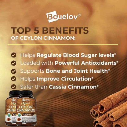 Organic Ceylon Cinnamon Supplement 1200mg - Supports Healthy Blood Sugar Levels and Promotes Heart Health, Antioxidants