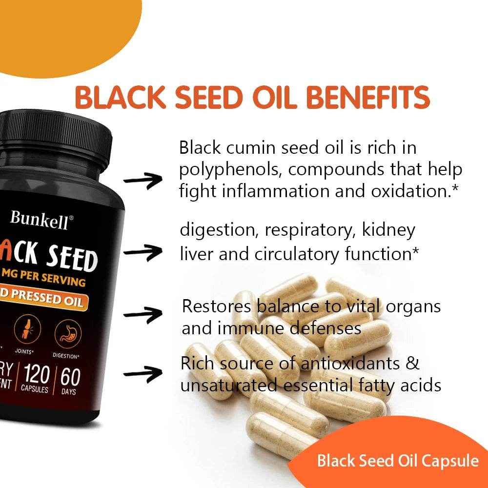 Black Cumin Seed Oil Capsules, Rich in Antioxidants, Supports Digestive, Respiratory, Kidney, Liver and Circulatory Function