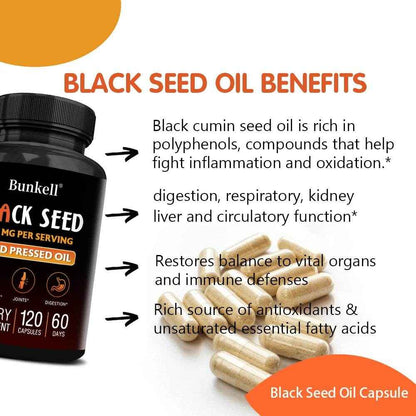 Black Cumin Seed Oil Capsules, Rich in Antioxidants, Supports Digestive, Respiratory, Kidney, Liver and Circulatory Function
