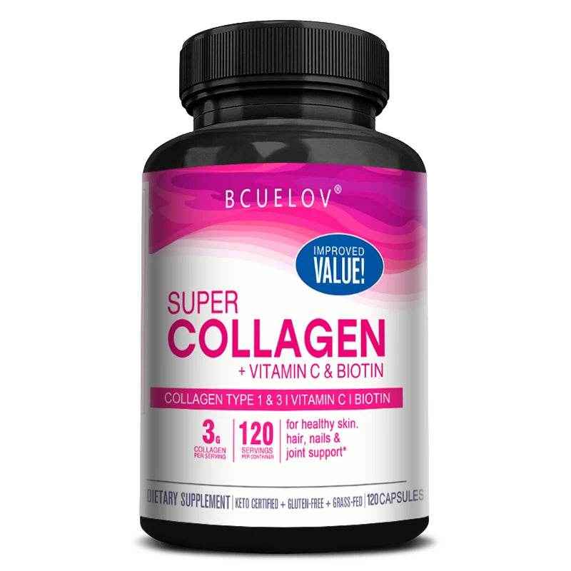 Collagen + Vitamin C plus Biotin, Anti-Aging Support, Antioxidant, Brightener, Skin, Hair &amp; Nails Supplement, 120 Capsules