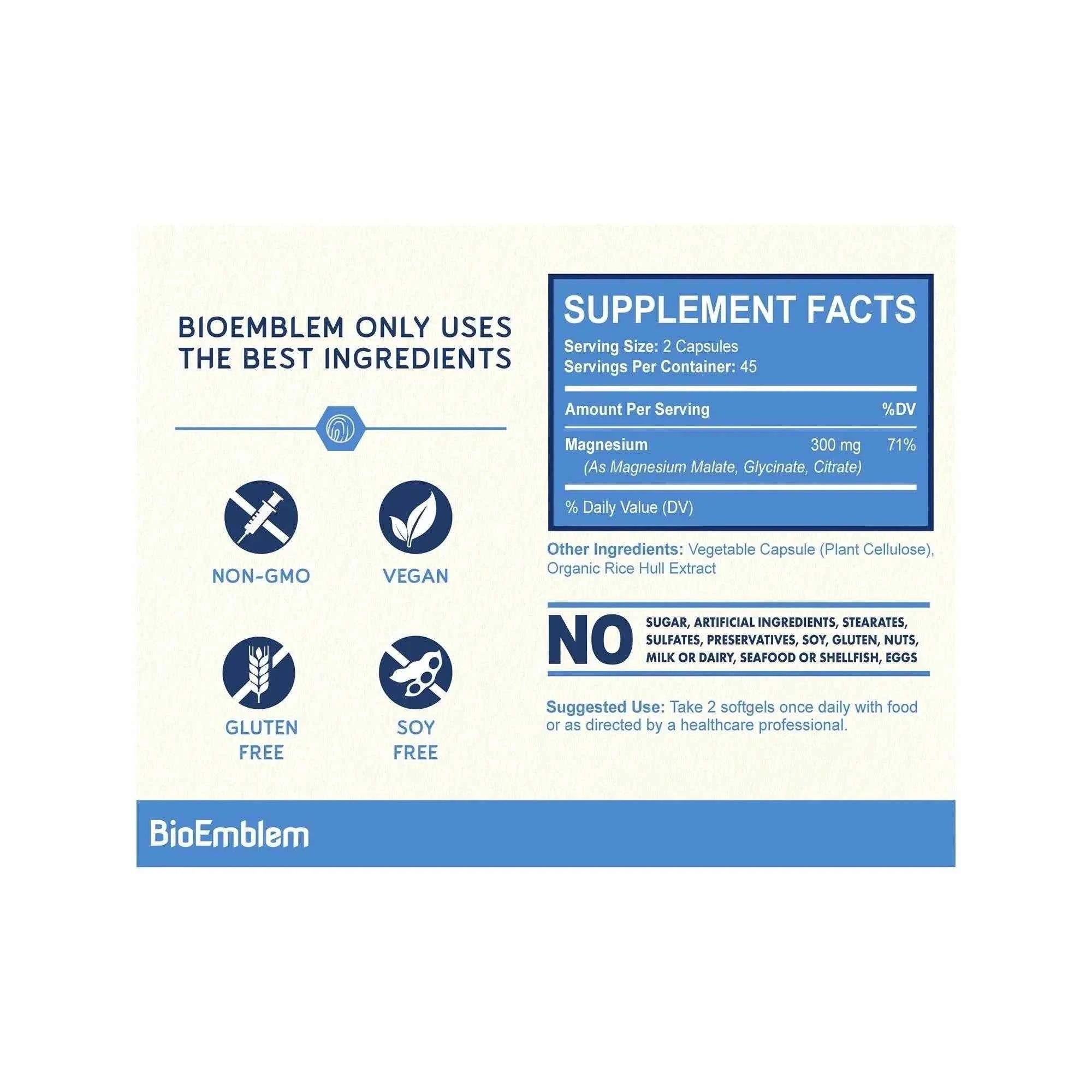 High Absorption Triple Magnesium Complex 300 Mg, with Glycine, Malate, for Nerve, Energy, Muscle Health Support, Vegetarian