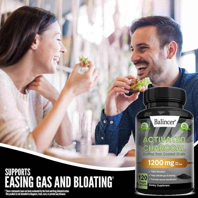 Activated Charcoal Capsules 1,200 Mg - Organic Coconut Shell, Helps Relieve Gas &amp; Bloating, Detox &amp; Bowel, Digestive Supplement