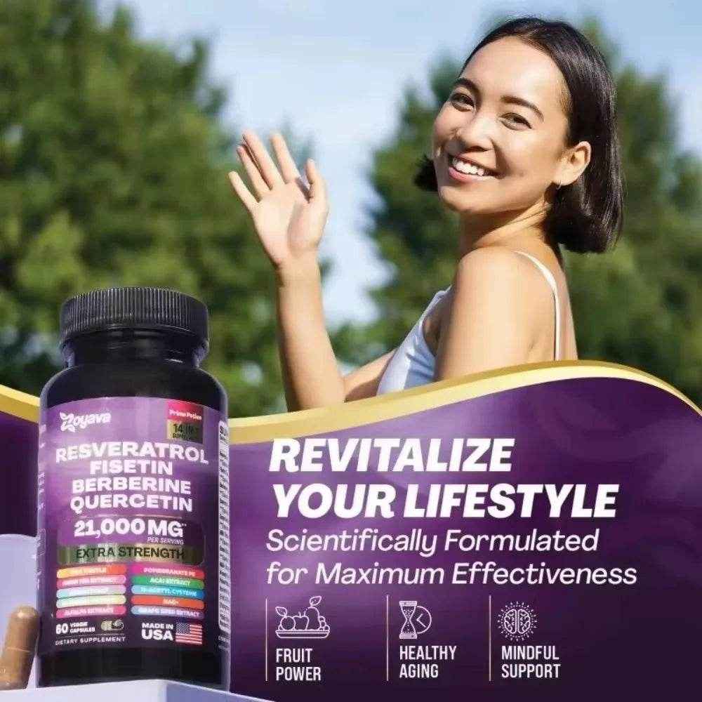 Resveratrol Supplement, Milk Thistle, Berberine, Fisetin, Quercetin, Grape Seed Extract, 60 Capsules, Vitality Enhancer