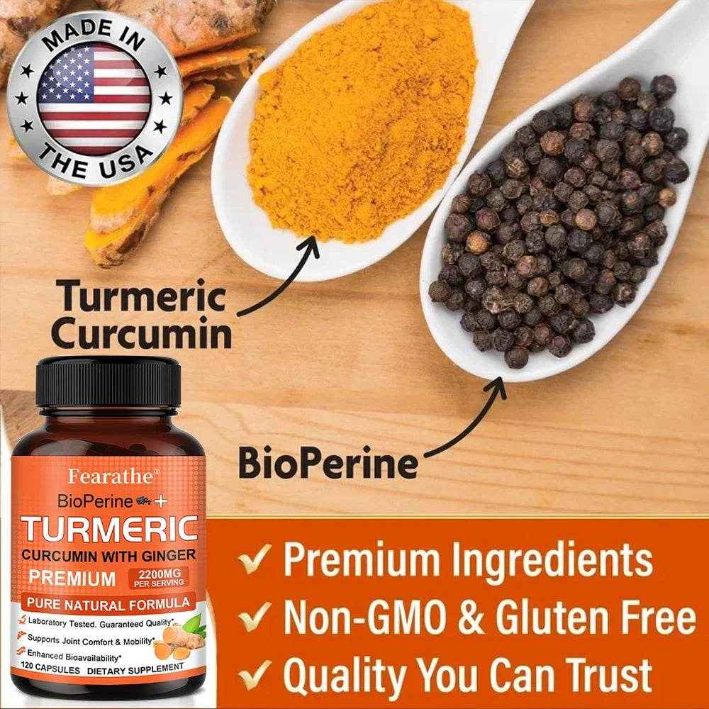 Fearathe Turmeric Supplement - Contains black pepper and ginger for antioxidant benefits, improved joint mobility, inflammation