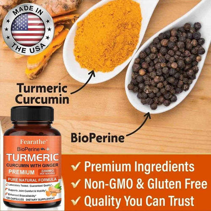 Fearathe Turmeric Supplement - Contains black pepper and ginger for antioxidant benefits, improved joint mobility, inflammation