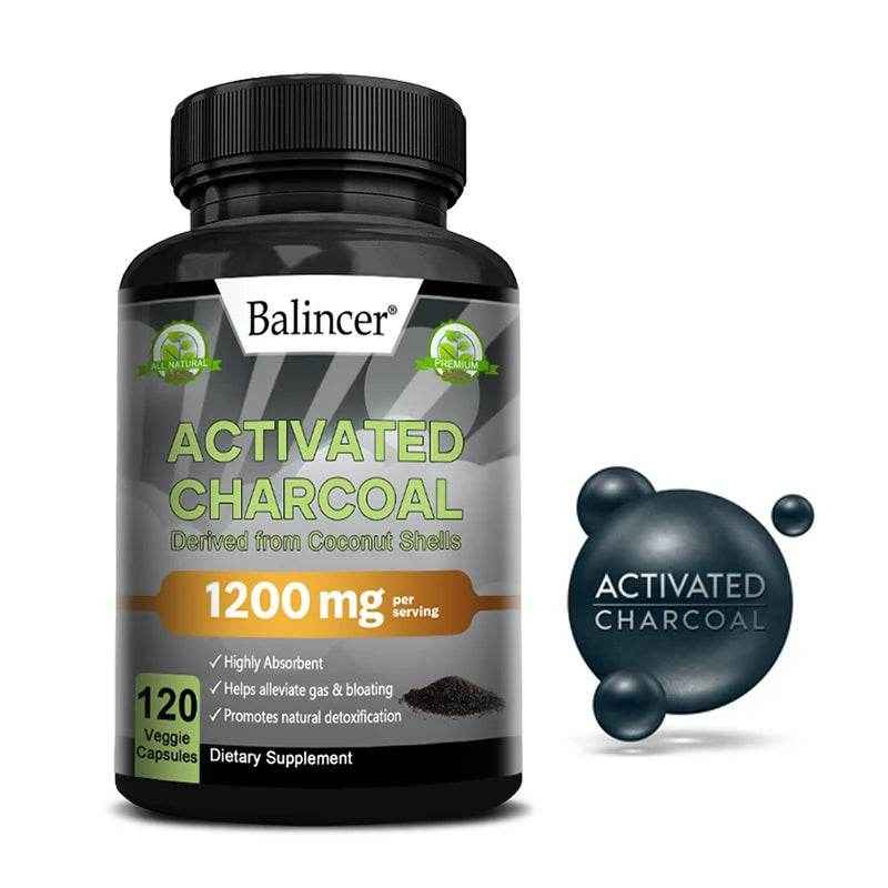 Activated Charcoal Capsules 1,200 Mg - Organic Coconut Shell, Helps Relieve Gas &amp; Bloating, Detox &amp; Bowel, Digestive Supplement
