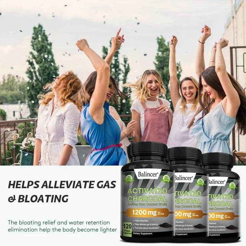 Activated Charcoal Capsules 1,200 Mg - Organic Coconut Shell, Helps Relieve Gas &amp; Bloating, Detox &amp; Bowel, Digestive Supplement