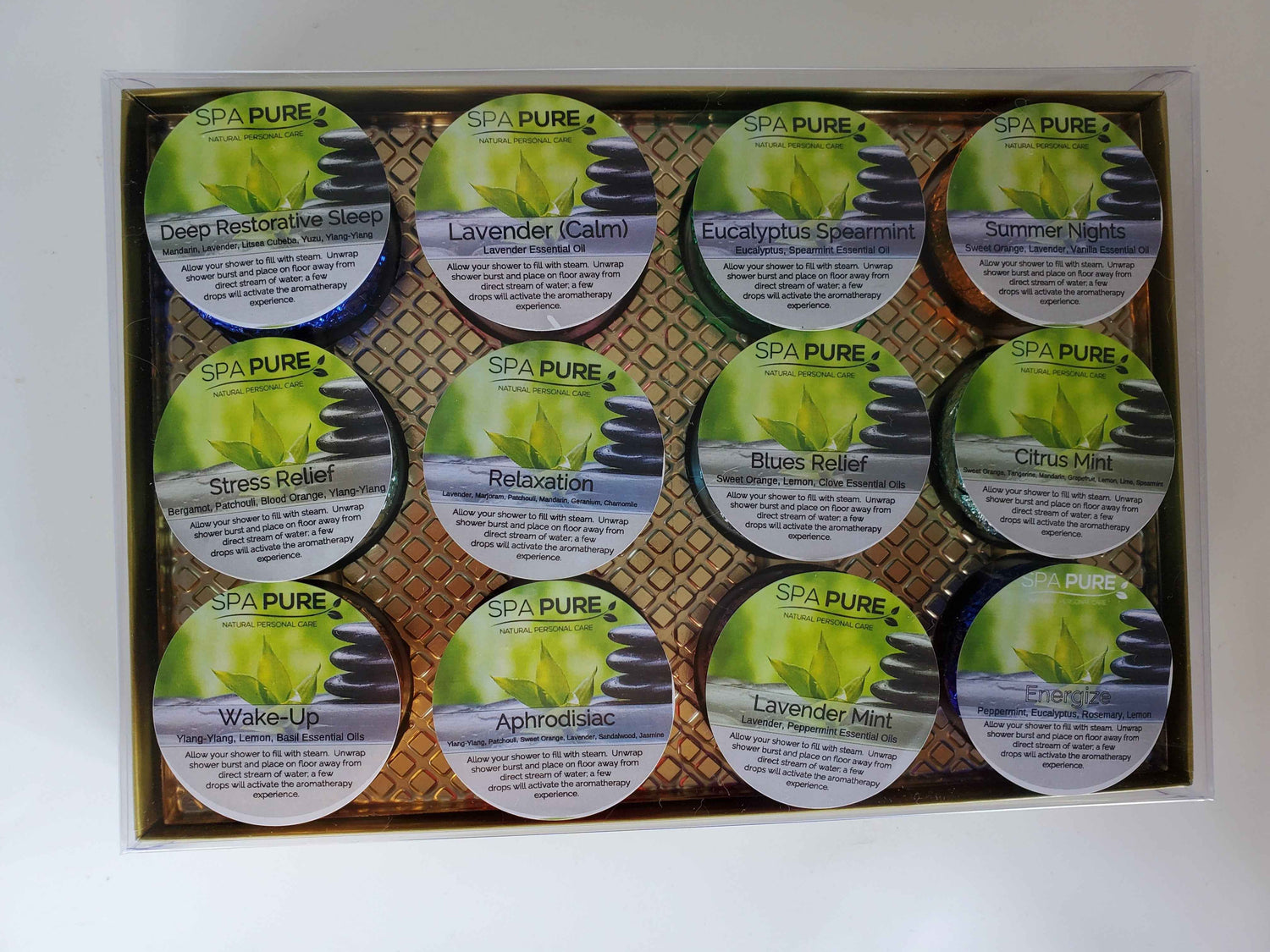 Gift Set with 12 Aromatherapy Shower Bombs - 100% Essential Oil Blends - foil wrapped 1.6 oz each