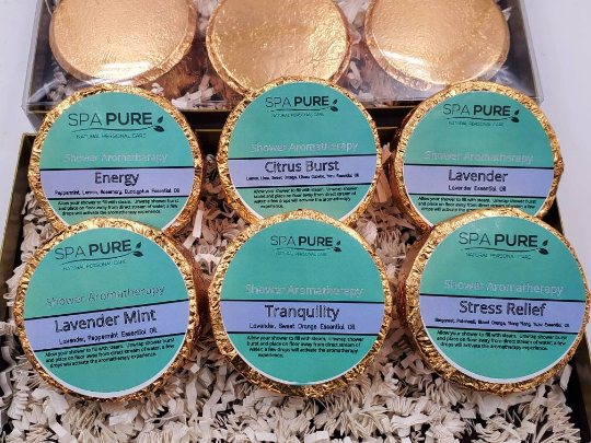 Gift Set with 6 Aromatherapy Shower Tablets - Best Sellers - GOLD - 100% Essential Oil Blends by Spa Pure
