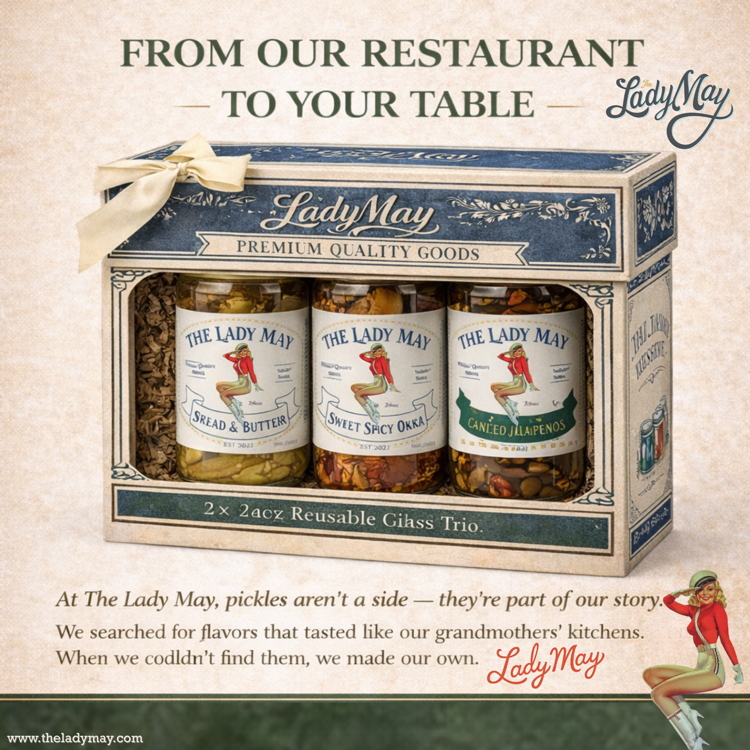 Lady May Pickle Trio Gift Set – 3 Pack Bundle (24oz Jars) – Bread &amp; Butter Sweet Pickles, Sweet &amp; Spicy Pickled Okra, Candied Jalapeños – Small Batch Southern Style – Restaurant Made Gourmet Pickles by The Lady May