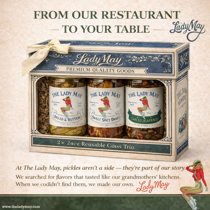 Lady May Pickle Trio Gift Set – 3 Pack Bundle (24oz Jars) – Bread &amp; Butter Sweet Pickles, Sweet &amp; Spicy Pickled Okra, Candied Jalapeños – Small Batch Southern Style – Restaurant Made Gourmet Pickles by The Lady May