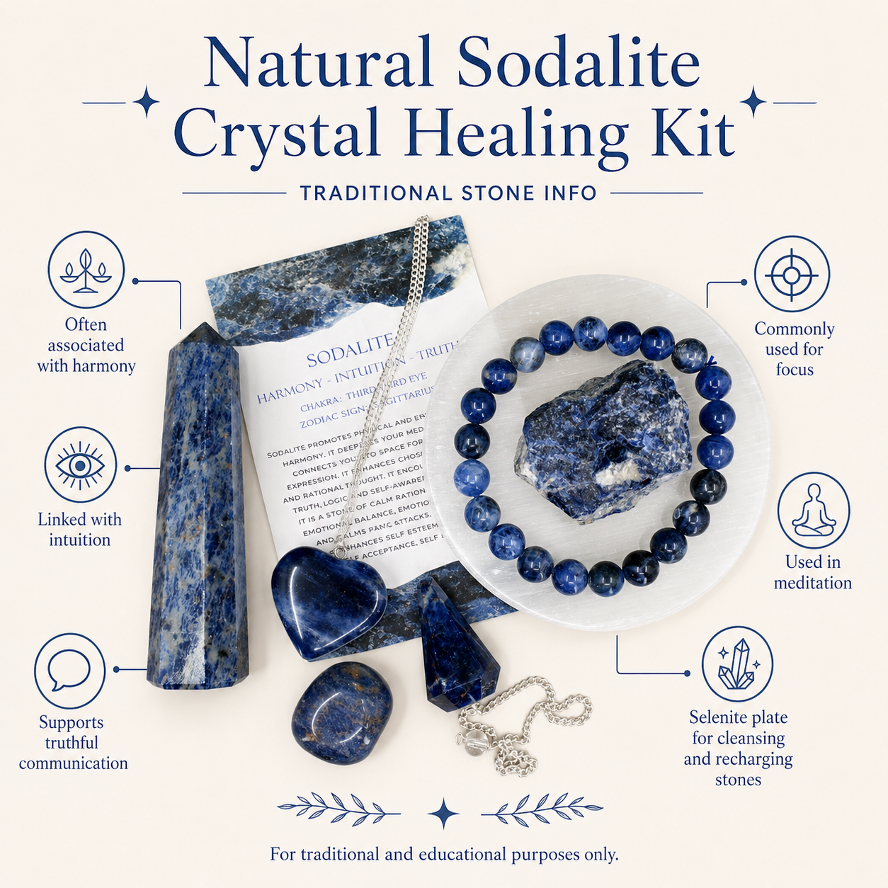 Sodalite Crystal Gift Set For Emotional Support and Protection, Real Polished Gemstones.  DestGlow