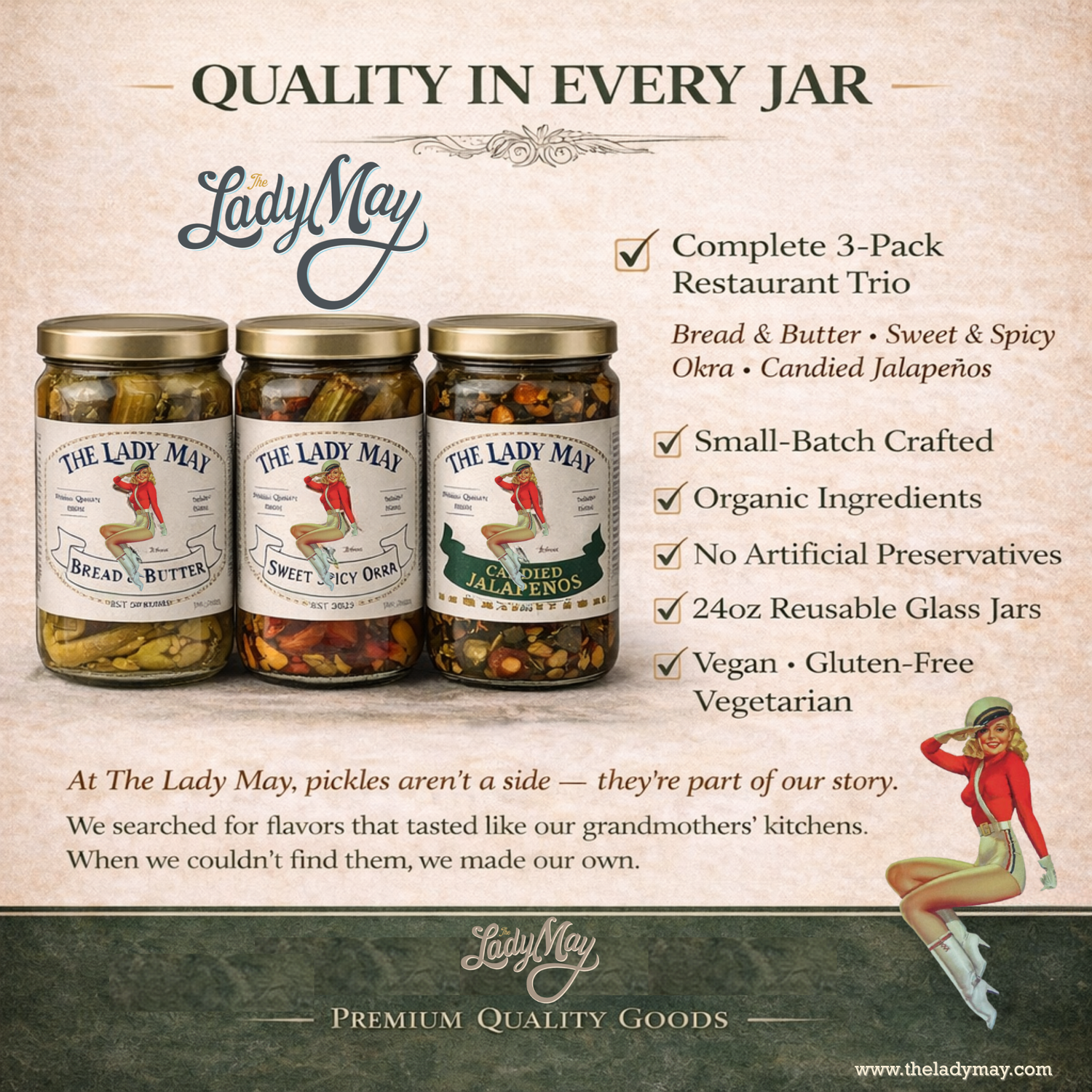 Lady May Pickle Trio Gift Set – 3 Pack Bundle (24oz Jars) – Bread &amp; Butter Sweet Pickles, Sweet &amp; Spicy Pickled Okra, Candied Jalapeños – Small Batch Southern Style – Restaurant Made Gourmet Pickles by The Lady May