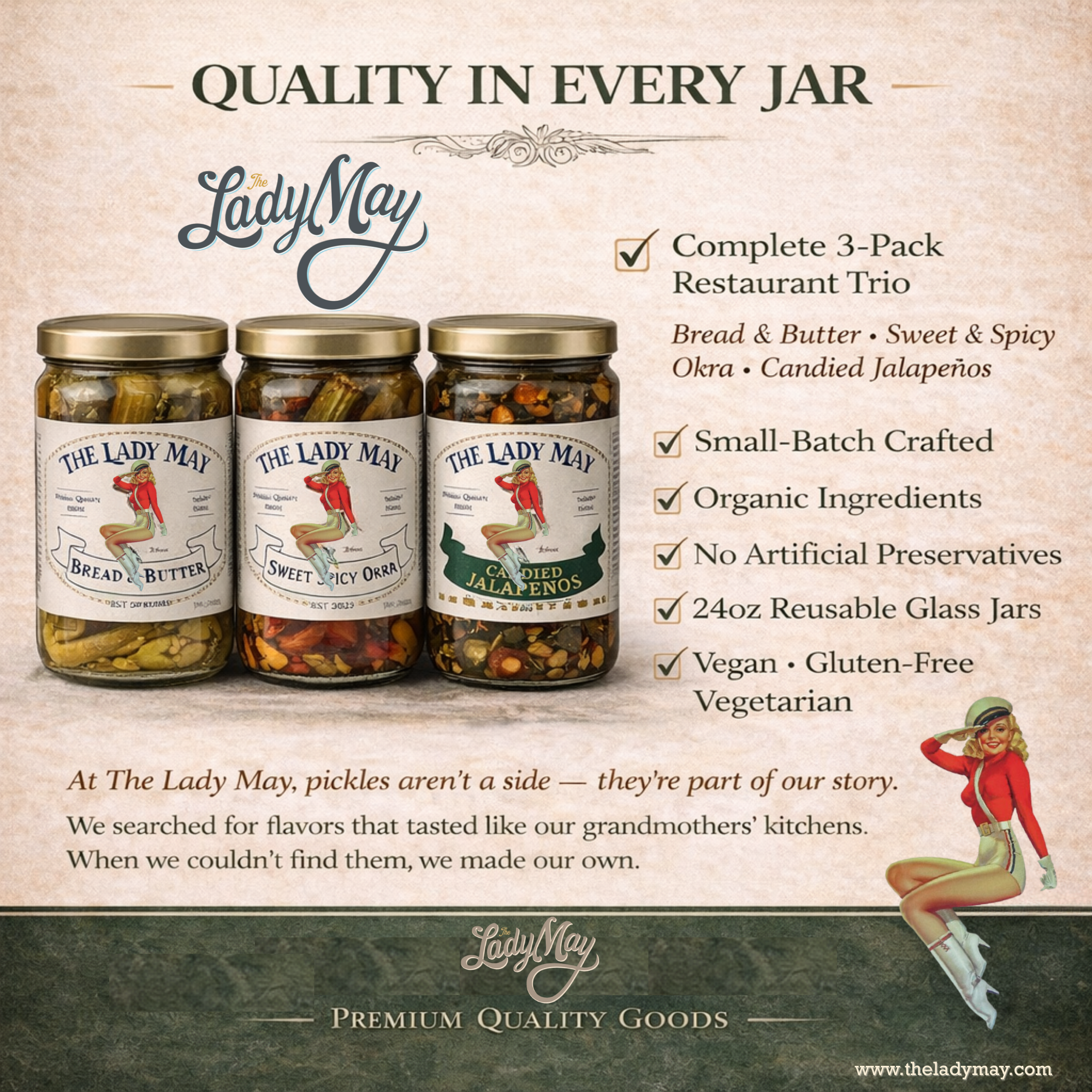 Lady May Pickle Trio Gift Set – 3 Pack Bundle (24oz Jars) – Bread &amp; Butter Sweet Pickles, Sweet &amp; Spicy Pickled Okra, Candied Jalapeños – Small Batch Southern Style – Restaurant Made Gourmet Pickles by The Lady May