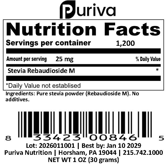 Stevia Reb M powder, (Reb-M | Rebaudioside M), 30 grams | 1,000 servings, Puriva Nutrition by Puriva Nutrition