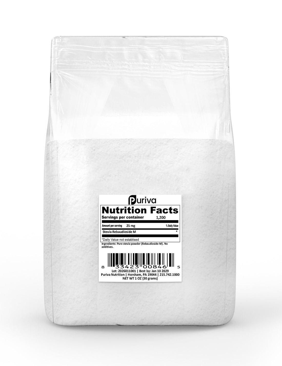 Stevia Reb M powder, (Reb-M | Rebaudioside M), 30 grams | 1,000 servings, Puriva Nutrition by Puriva Nutrition