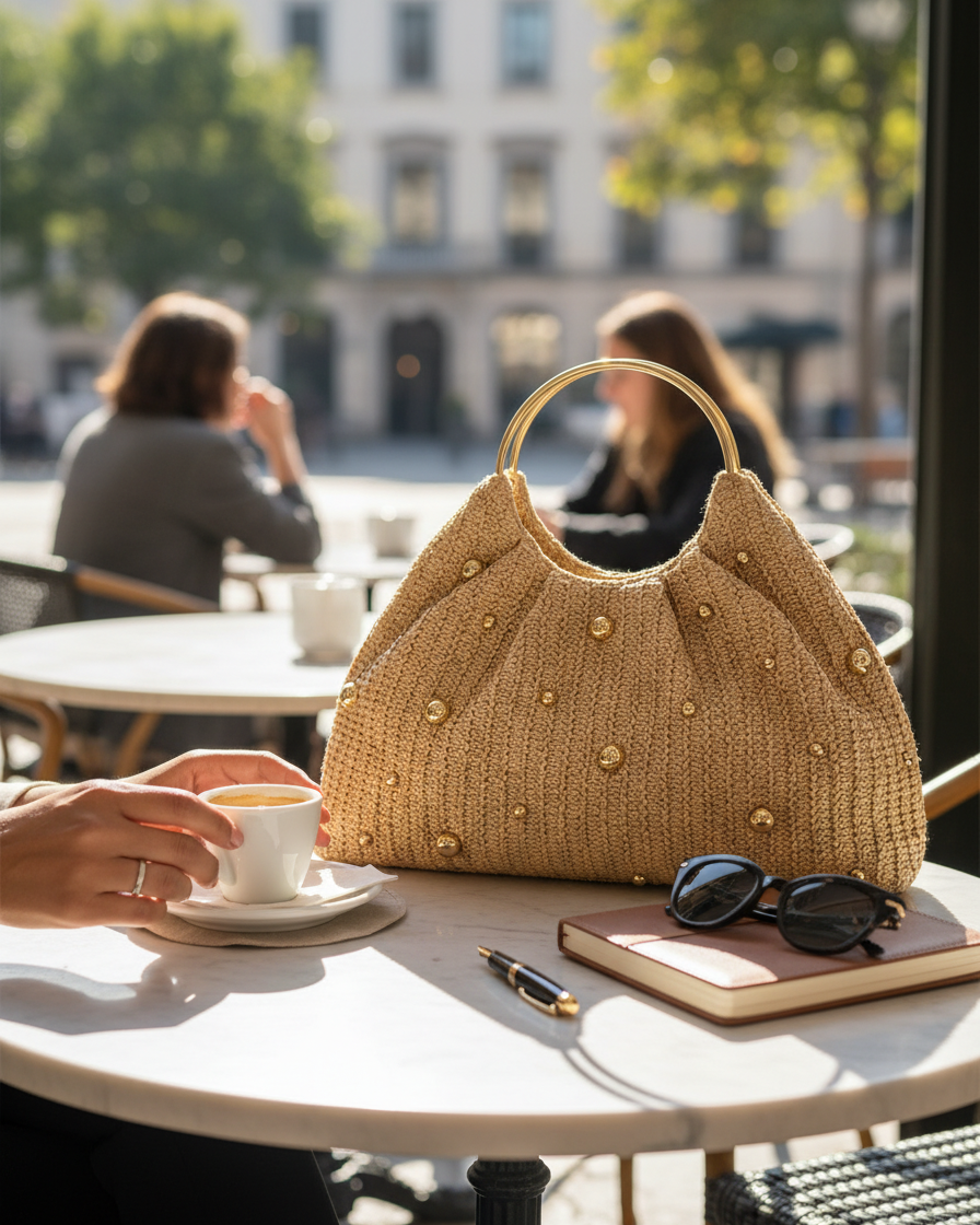Artisanal Studded Handwoven Raffia Bag with Sculptural Gold Ring Handle by LINTICO