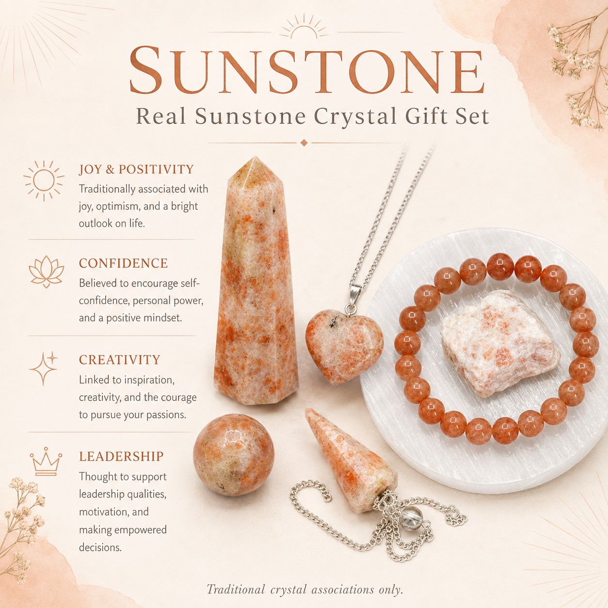 Sunstone Crystal Gift Set For Emotional Support and Protection, Real Polished Gemstones.  DestGlow